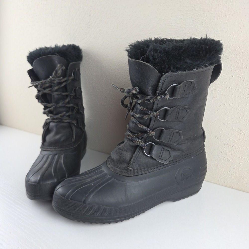 Sorel Badger Winter Black Leather Lace Up Rubber Duck Boots Lined Women's Size 7